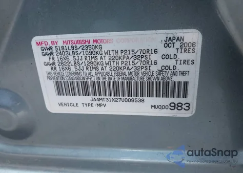 2007 Mitsubishi Outlander Ls from USA, damaged, VIN JA4MT31X27U008538